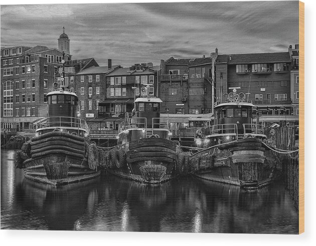 Portsmouth Wood Print featuring the photograph Portsmouth Tugboats at Dawn in Black and White by Thomas Lavoie