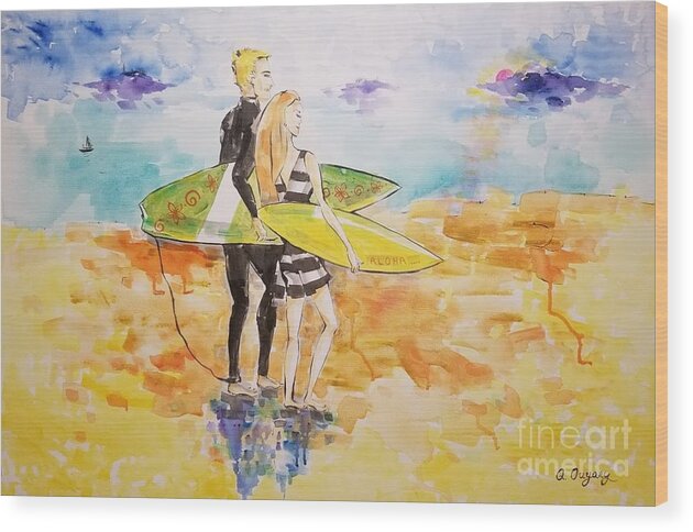Surfer Wood Print featuring the painting Surfer Couple by Leslie Ouyang