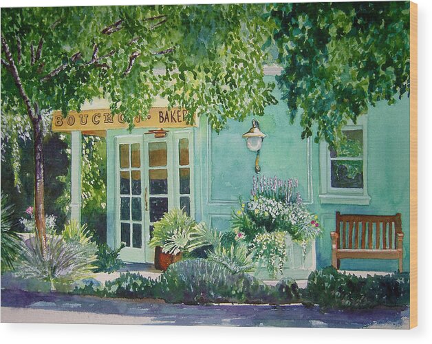 Landscape Wood Print featuring the painting Bouchon Bakery in the Morning by Gail Chandler