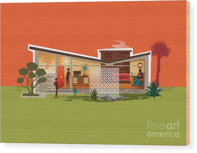 Mid Century Wood Print featuring the digital art Butterfly Roof Mid-Century Modern House - Women - PS by Diane Dempsey