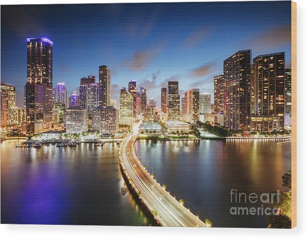 Miami Wood Print featuring the photograph Miami skyline at night by Matteo Colombo