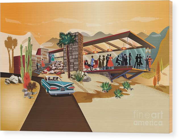 Mid Century Wood Print featuring the digital art Mid Century Modern Desert Cliff House - PS by Diane Dempsey