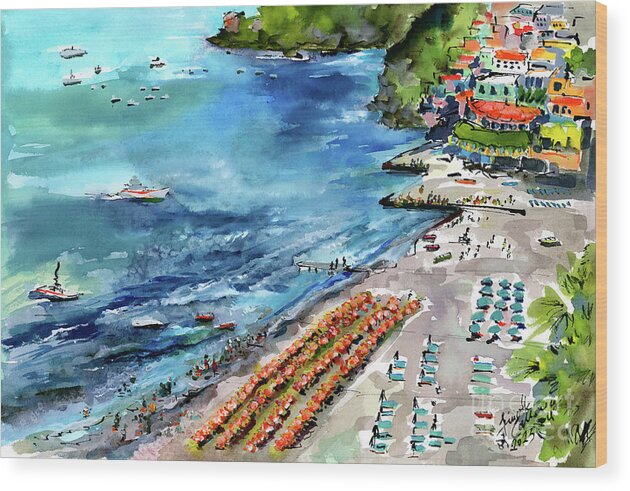 Positano Wood Print featuring the painting Positano Summer Beach Italy Watercolors and Ink by Ginette Callaway