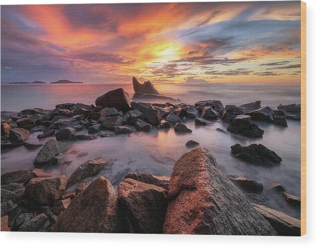 Rocks Wood Print featuring the photograph Sunset beach by Erika Valkovicova