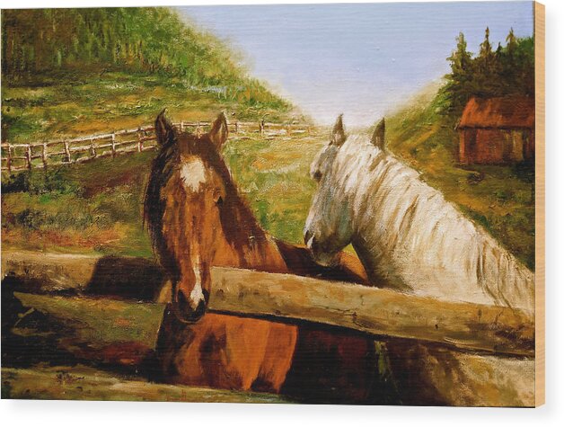 Canadian Sher Nasser Artist Painter Wood Print featuring the painting Alberta Horse Farm by Sher Nasser