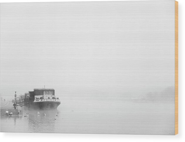 Nautical Wood Print featuring the photograph Boat on a foggy river in Prague by Martin Vorel Minimalist Photography