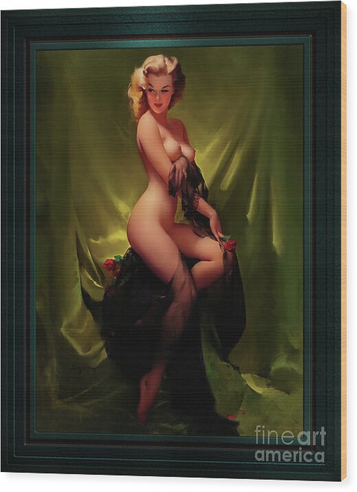 Golden Beauty Wood Print featuring the painting Golden Beauty by Gil Elvgren Vintage Art Pinup Xzendor7 Old Masters Reproductions by Rolando Burbon