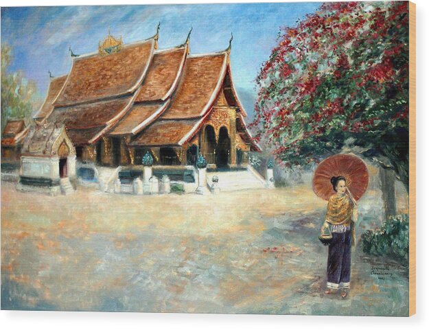 Luang Prabang Wood Print featuring the painting Splendour of Xieng Thong by Sompaseuth Chounlamany
