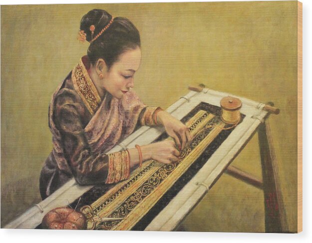 Lao Gold Thread Embroidery Wood Print featuring the painting The Embroiderer by Sompaseuth Chounlamany