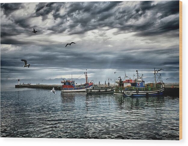 Kalk Bay Harbour; Kalk Bay; Ocean; Sea; Boats; Fishing; Water; Fish; Jetty Art; Stunning; Photos; Pics; Jetty; Cape Town; Colour; Colourful; Andrew Hewett; Artistic; Artwork; Prints; Interior; Quality; Inspirational; Fishing Boats; Decorative; Images; Creative; Beautiful; Exhibition; Lovely; Seascapes; Awesome; Boat; Fishing Boats; Wonderful; Light; Harbour Photography; Harbor; Decor; Interiors; Andrew Hewett; Water; Https://waterlove.co.za/; Https://hewetttinsite.co.za/ Wood Print featuring the photograph Stormy Skies by Andrew Hewett