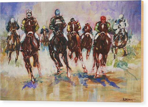 Horse Racing Wood Print featuring the painting Down the Stretch by Al Brown