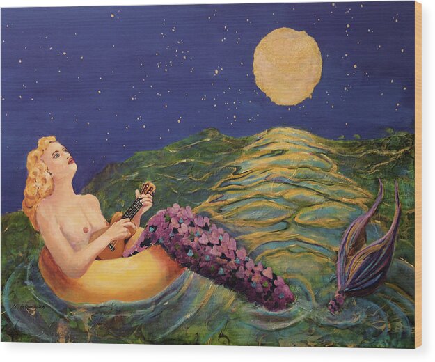 Mermaid Wood Print featuring the painting Song of Love by Linda Queally by Linda Queally
