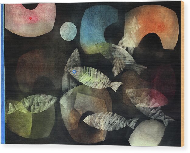 Abstract Wood Print featuring the painting Fish Moon by Winston Saoli 1950-1995