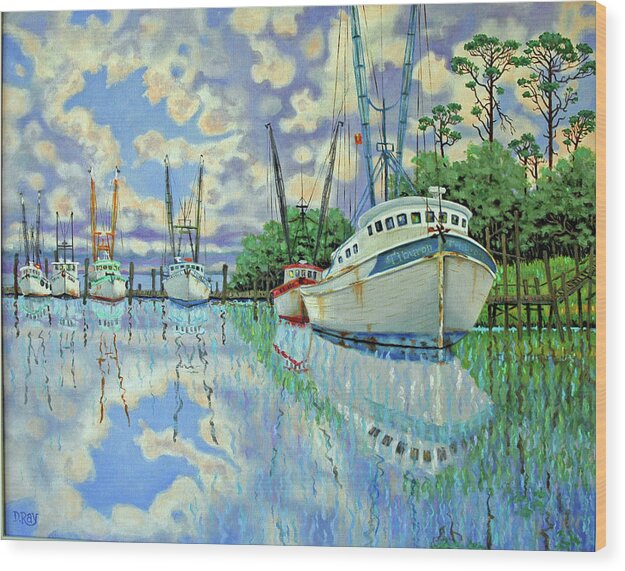 Reflections Wood Print featuring the painting Six Shrimp Boats in Off Season by Dwain Ray