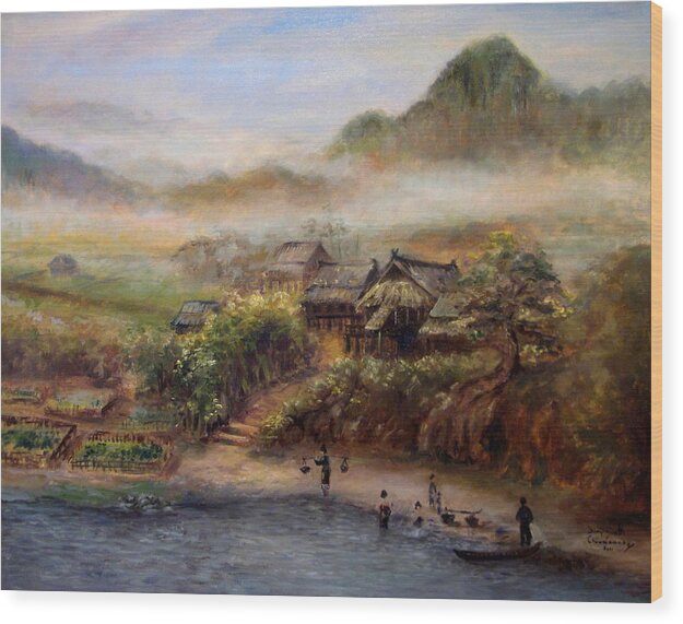 Landscape Wood Print featuring the painting Village by Sompaseuth Chounlamany