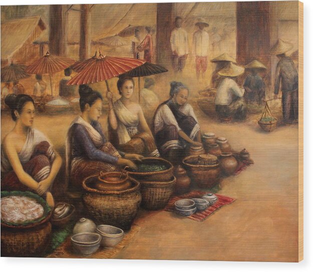 Lao Market Wood Print featuring the painting Morning Market by Sompaseuth Chounlamany