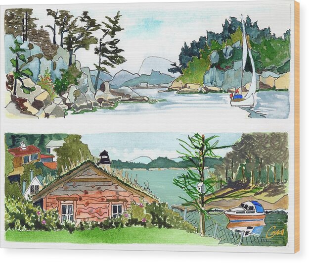 Seaside  Sailing  Fjords Norway Grassed Roofs  Wood Print featuring the painting Fanafjord, Norway by Joan Cordell