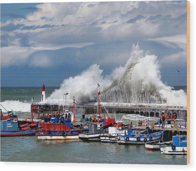 Kalk Bay Harbour; Sea; Boats; Fishing; Water; Huge Waves; Waves; Fish; Jetty; Giant Waves; Art; Www.waterlove.co.za; Stunning; Ocean; Photos; Powerful; Andrew Hewett; Artistic; Artwork; Prints; Interior; Quality; Inspirational; Fishing Boats; Decorating; Images; New; Creative; Beautiful; Exhibition; Lovely; Seascapes; Awesome; Expressionism; Water; Decor; Interiors; Calendar; Fine Art; Andrew Hewett; Water; Photographs; Interiors; Decor; Https://waterlove.co.za/; ;https://hewetttinsite.co.za/ Wood Print featuring the photograph Very High Tide by Andrew Hewett