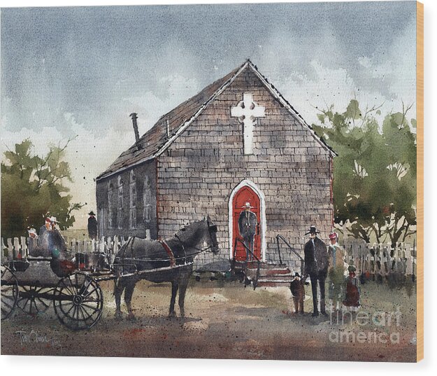 Trinity Mission Wood Print featuring the painting Little Brown Church by Tim Oliver