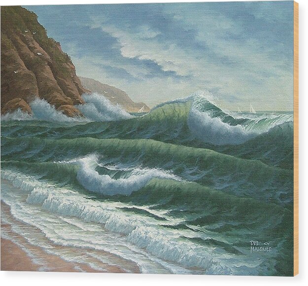 Sea Wood Print featuring the painting Breakers at Big Sur by Del Malonee