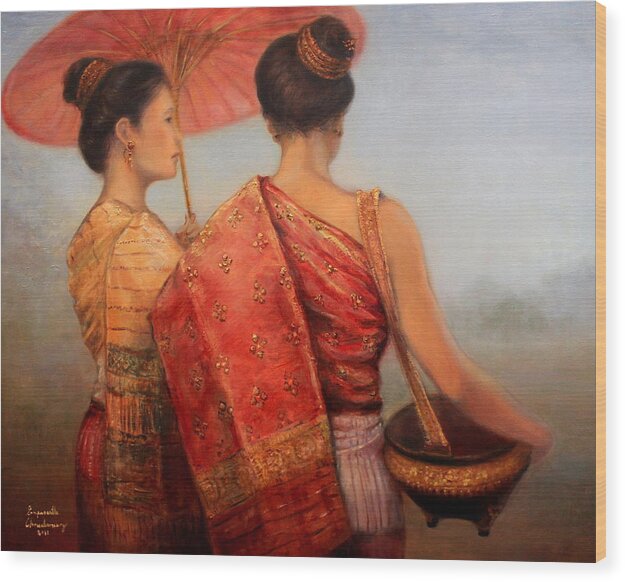 Laos Wood Print featuring the painting Viengchan and Luang Prabang by Sompaseuth Chounlamany