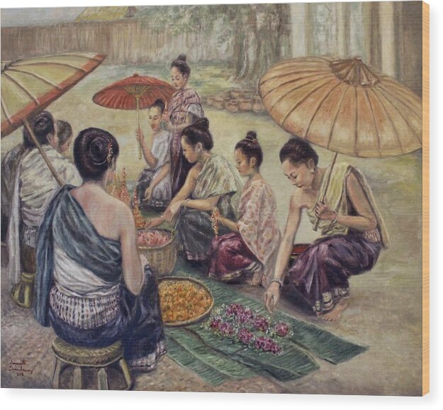Luang Prabang Wood Print featuring the painting The Flower Vendors by Sompaseuth Chounlamany