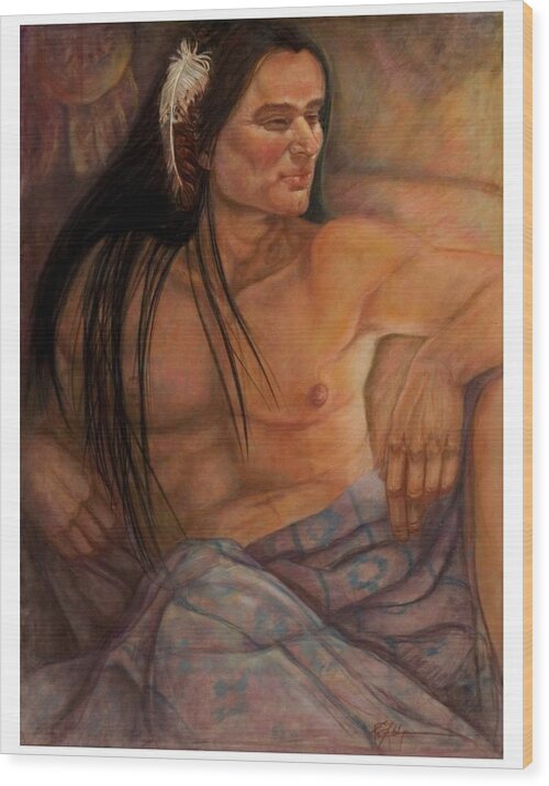 Southwest Art Pastel Painting Indian Man Semi Nude American Indian Man Impressionistic Painting American Indian Southwest Art Wood Print featuring the painting Day Hawk by Pamela Mccabe