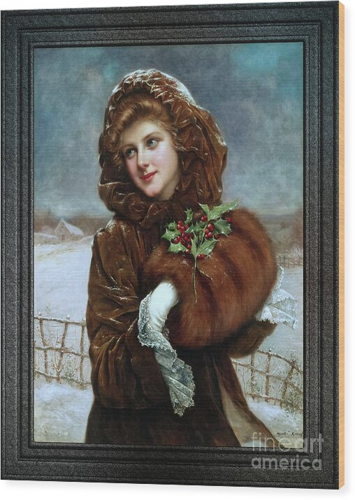 Portrait Of A Girl Wood Print featuring the painting A Winter Beauty by Francois Martin-Kavel Vintage Art Nouveau Reproduction by Rolando Burbon