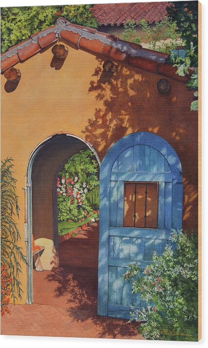 Mary Dove Art Wood Print featuring the painting La Posada Hotel Hollyhock Garden Winslow AZ by Mary Dove