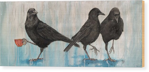 Crows Wood Print featuring the painting Crow Takes Tea by Marie Stone-van Vuuren