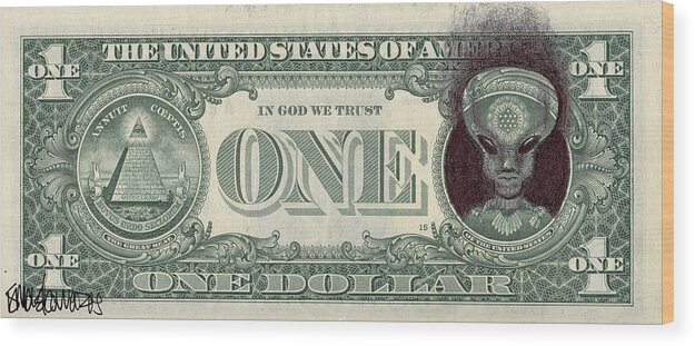 Extractionism Wood Print featuring the drawing Dollar Bill Alien by Ismael Cavazos