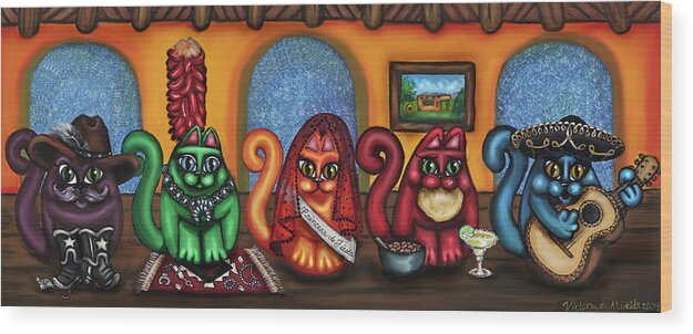 Folk Art Wood Print featuring the painting Fiesta Cats or Gatos de Santa Fe by Victoria De Almeida