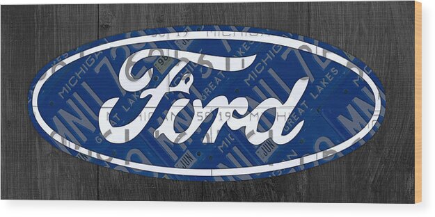 Ford Wood Print featuring the mixed media Ford Motor Company Retro Logo License Plate Art by Design Turnpike