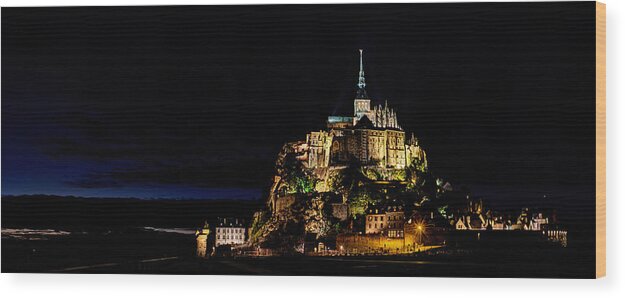 Mont Saint Michel Wood Print featuring the photograph Mont Saint Michel at night panorama by Weston Westmoreland