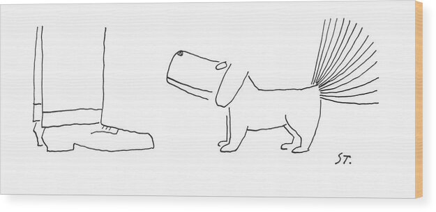 92165 Sst Saul Steinberg (dog Standing At Man's Feet Wagging It's Tail.) Animal Animals Best Canines Dog Doggie Dogs Feet Friend Man's Master Owner Pet Pets Pooch Puppies Puppy Standing Tail Wagging Wood Print featuring the drawing New Yorker January 28th, 1956 by Saul Steinberg