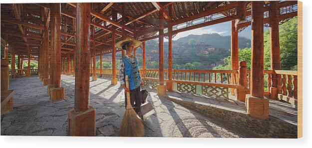 China Wood Print featuring the photograph Panorama - Hi-res - Wooden Bridge and it's Cleaner by Afrison Ma