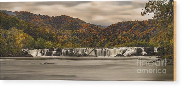Sandstone Falls Wood Print featuring the photograph panoramic of Sandstone Falls in the Fall by Dan Friend