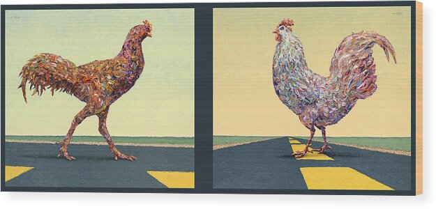 Chicken Wood Print featuring the painting Tale of Two Chickens by James W Johnson