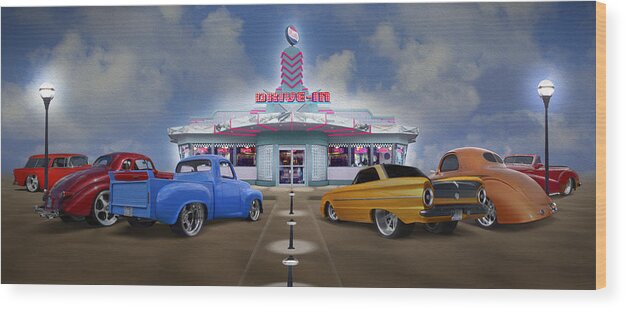 1950s Drivein Wood Print featuring the photograph The Drive In by Mike McGlothlen