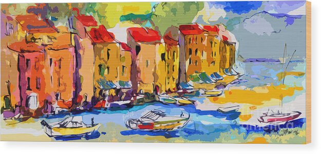 Abstract Wood Print featuring the painting Abstract Portofino Italy and Boats by Ginette Callaway