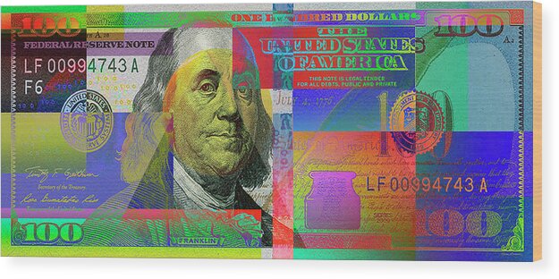 'paper Currency' Collection By Serge Averbukh Wood Print featuring the digital art 2009 Series Pop Art Colorized U. S. One Hundred Dollar Bill No. 1 by Serge Averbukh