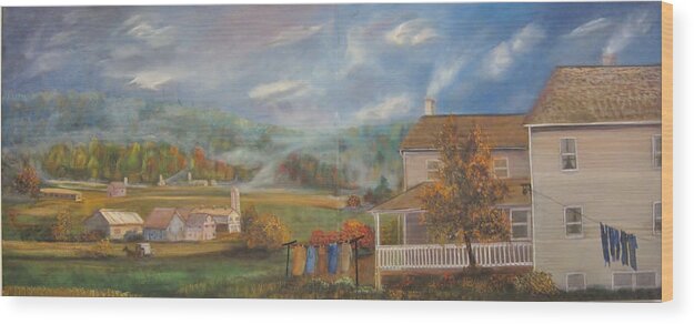 Landscape Wood Print featuring the painting Amish Farm by Sherry Strong