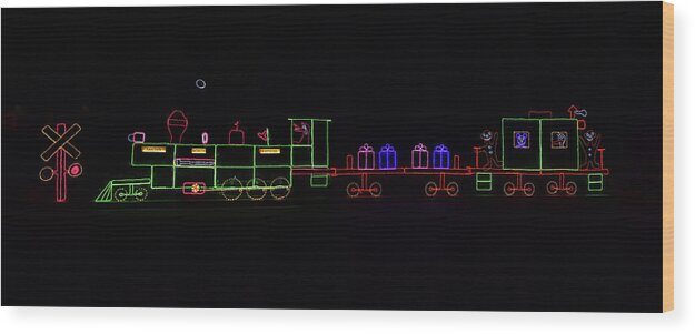 Linda Brody Wood Print featuring the photograph Christmas Lights Train Panorama by Linda Brody