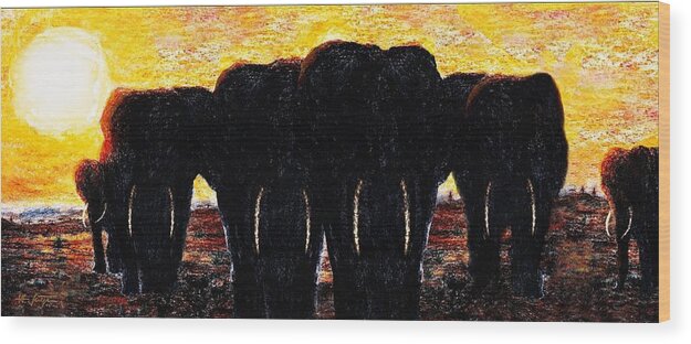 Elephants Wood Print featuring the painting Elephants Sunset by Hartmut Jager