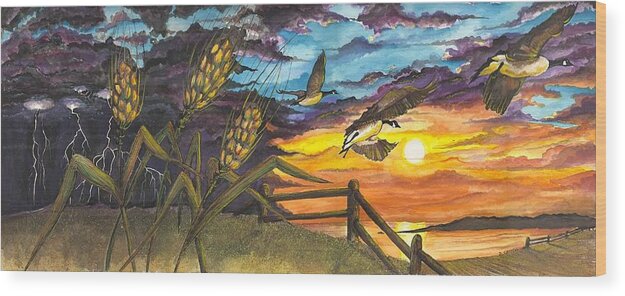 Farm Wood Print featuring the painting Farm Sunset by Darren Cannell