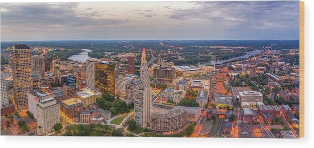 Hartford Ct Wood Print featuring the photograph Hartford CT Downtown Twilight Panorama by Mike Gearin