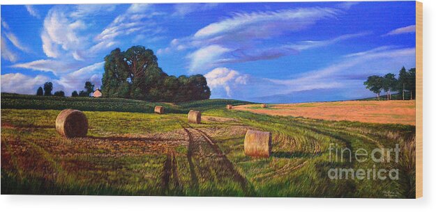 Farm Wood Print featuring the painting Hay Rolls on the Farm in oil painting by Christopher Shellhammer