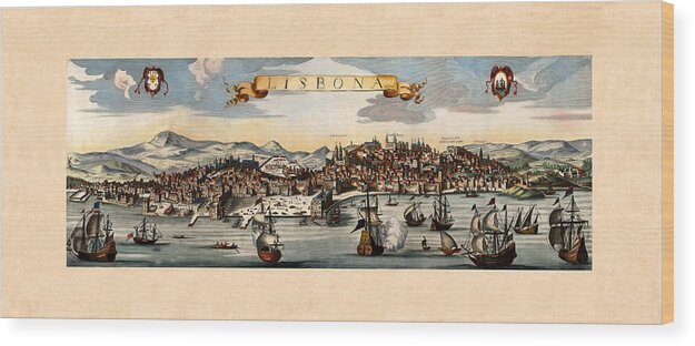 Lisbon Wood Print featuring the photograph Map Of Lisbon 1670 by Andrew Fare