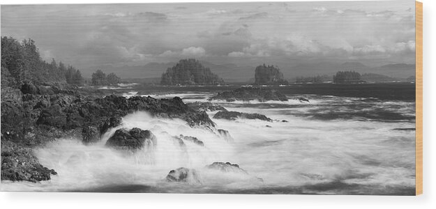 Tofino Wood Print featuring the photograph Monotone Surf Panorama by Allan Van Gasbeck