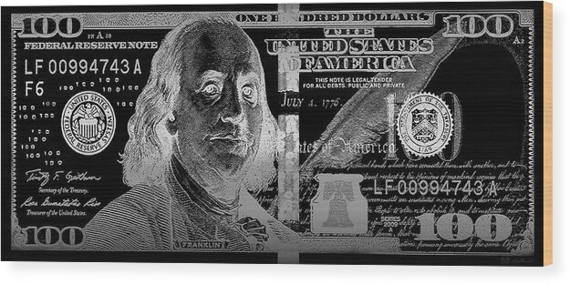 'visual Art Pop' Collection By Serge Averbukh Wood Print featuring the digital art One Hundred US Dollar Bill - $100 USD in Silver on Black by Serge Averbukh